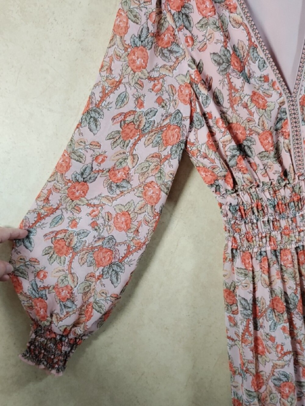 H192 Max Studio Peach & Rust Floral V-Neck Smocked Dress XL - Picture 6 of 13